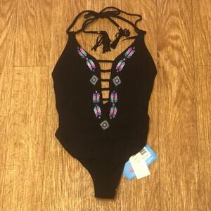 Eco Peace Black Beaded One Piece Swimsuit Size Small